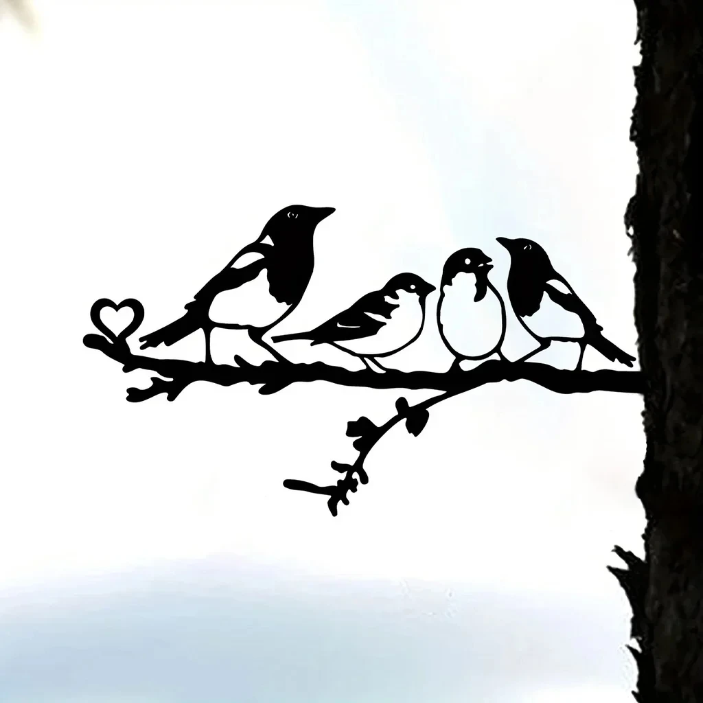 1pc Metal Four Birds On Branch Steel Silhouette Metal Wall Art Home Garden Yard Patio Outdoor Statue Stake Decoration