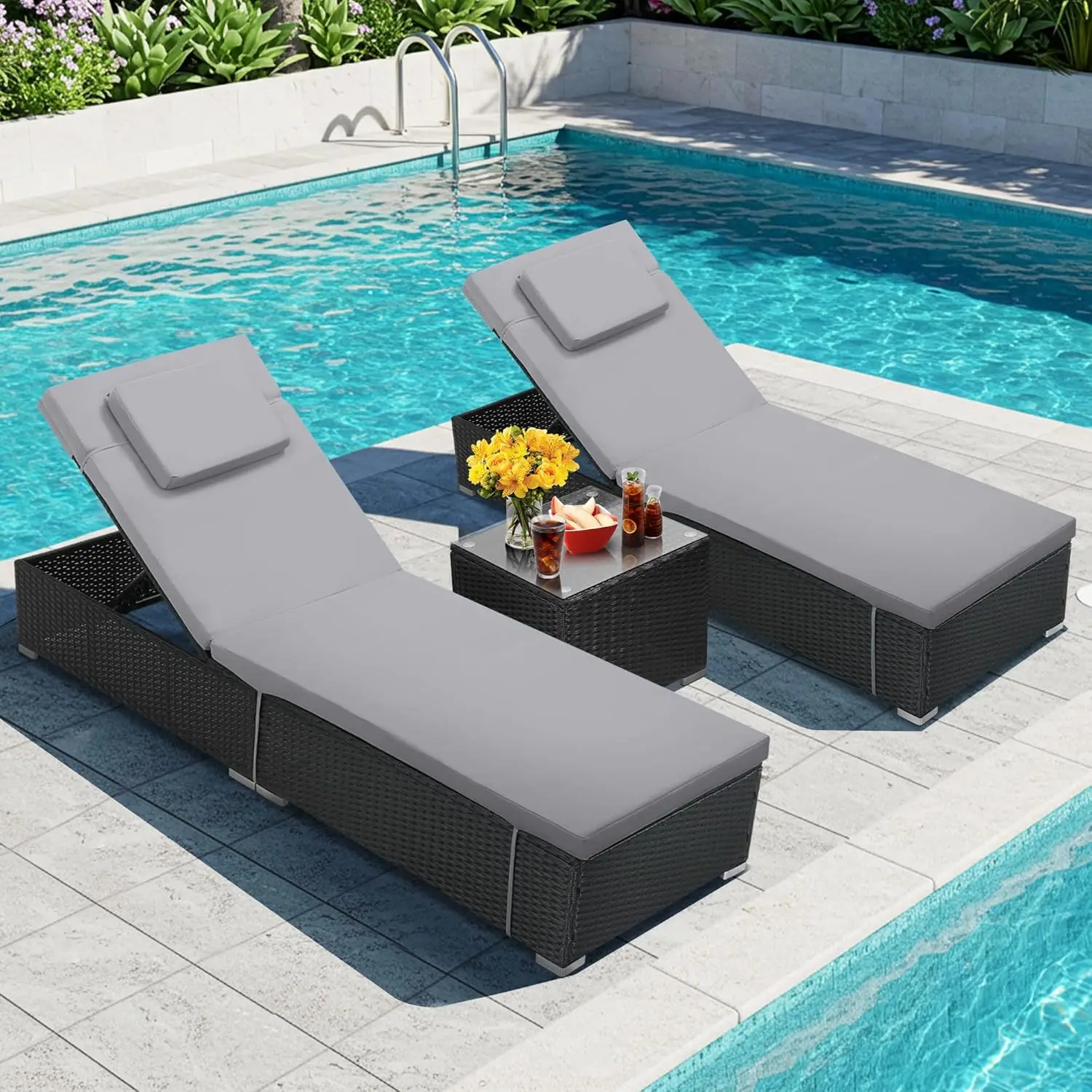 

Outdoor Chaise Lounge Chairs, All-Weather Wicker Pool Lounge Chair Set of 2 with Side Table, Adjustable Backrest &, Customized