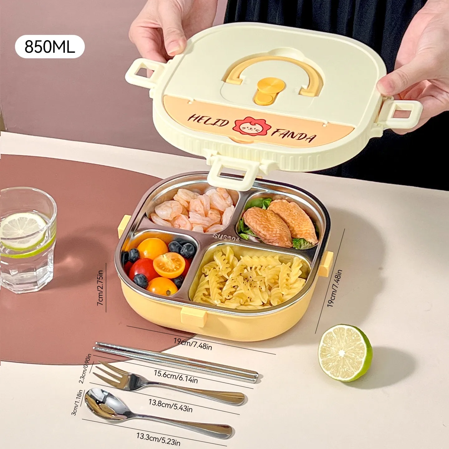 850/900ml 304 roestvrijstalen gedeelde bento box met bestek, magnetronbestendig, grote capaciteit, lekvrije lunchbox voor studenten en kinderen