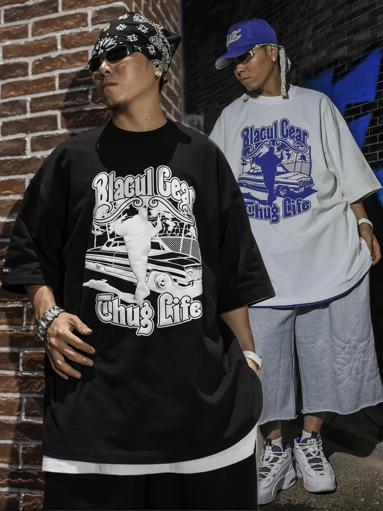 

Loose Fit Men's ort Sve T-irt BLACUL West Coast Outlaw Print Casual Breathable Cotton Hip Hop Street Dance Top