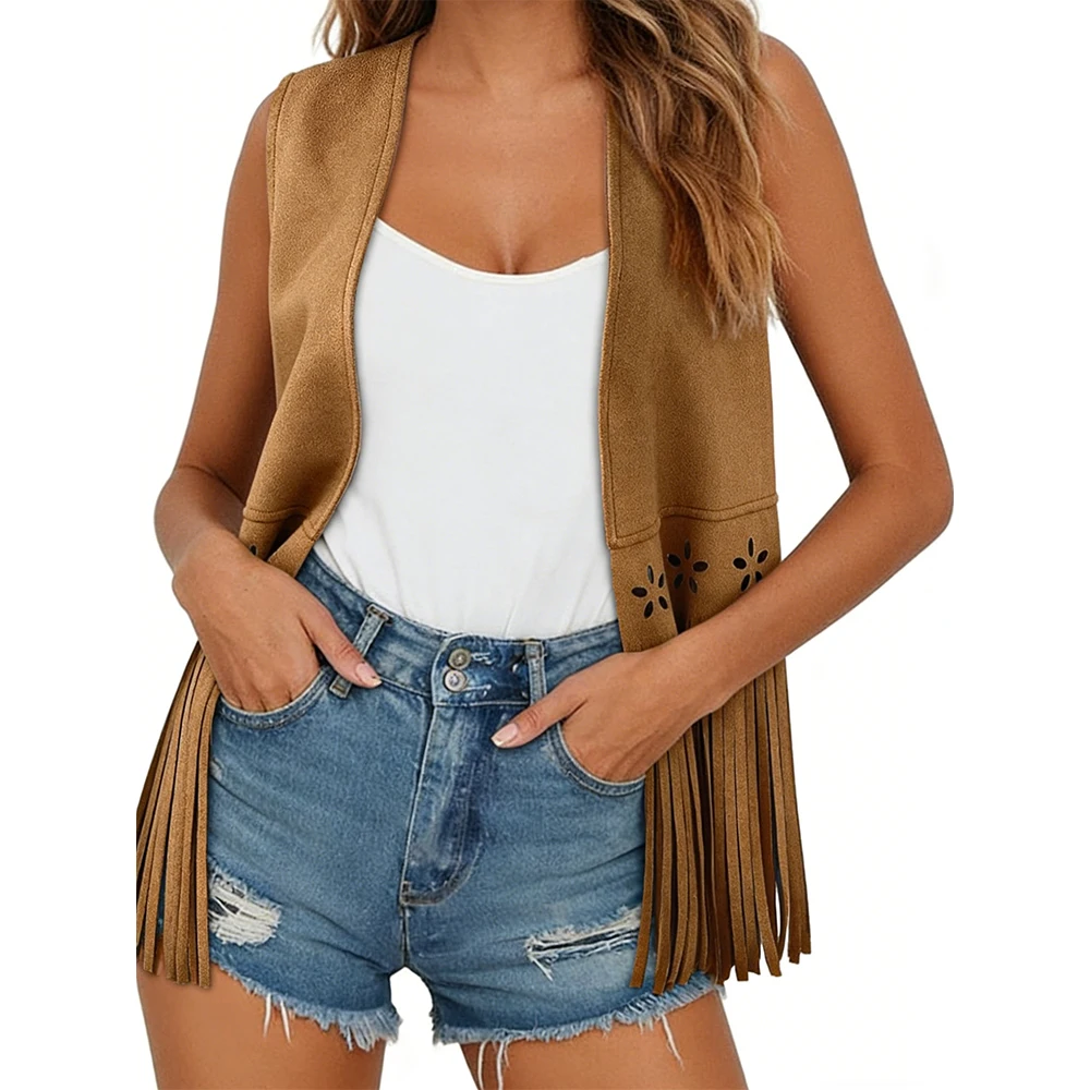 

Женский летний жилет-кардиган в стиле бохо, винтажный, без рукавов, из искусственной замши, с бахромой, заклепками, ажурными цветами и кисточками, с открытым передом, в стиле хиппи