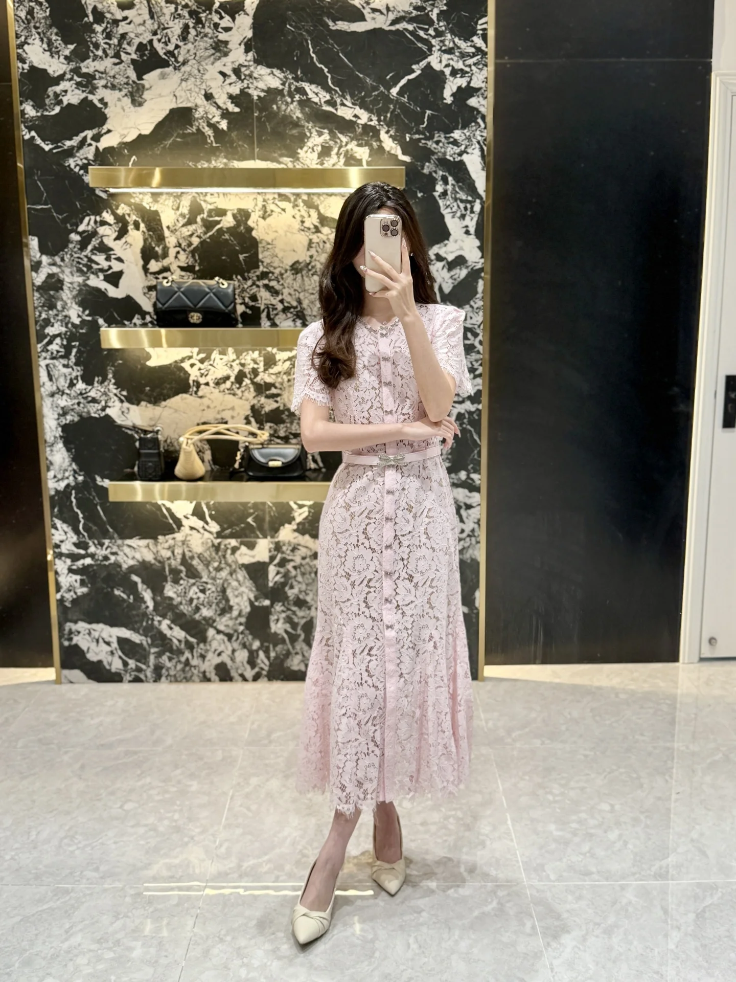 

Ele Pink Flower Water Soluble Lace Heavy Embroidery Knot Diamond Decorated round Ne Dr ZOYOYUED Women's Dr