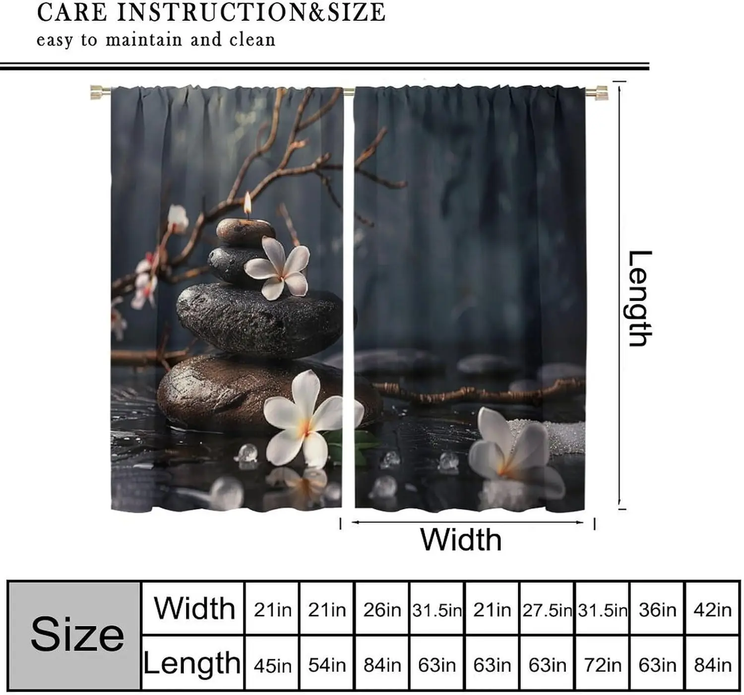 Zen Spa Window Curtains,Black Massage Stones with Frangipani Flower Candle Print Drapes,Yoga Meditation Nature Decor for Bedroom