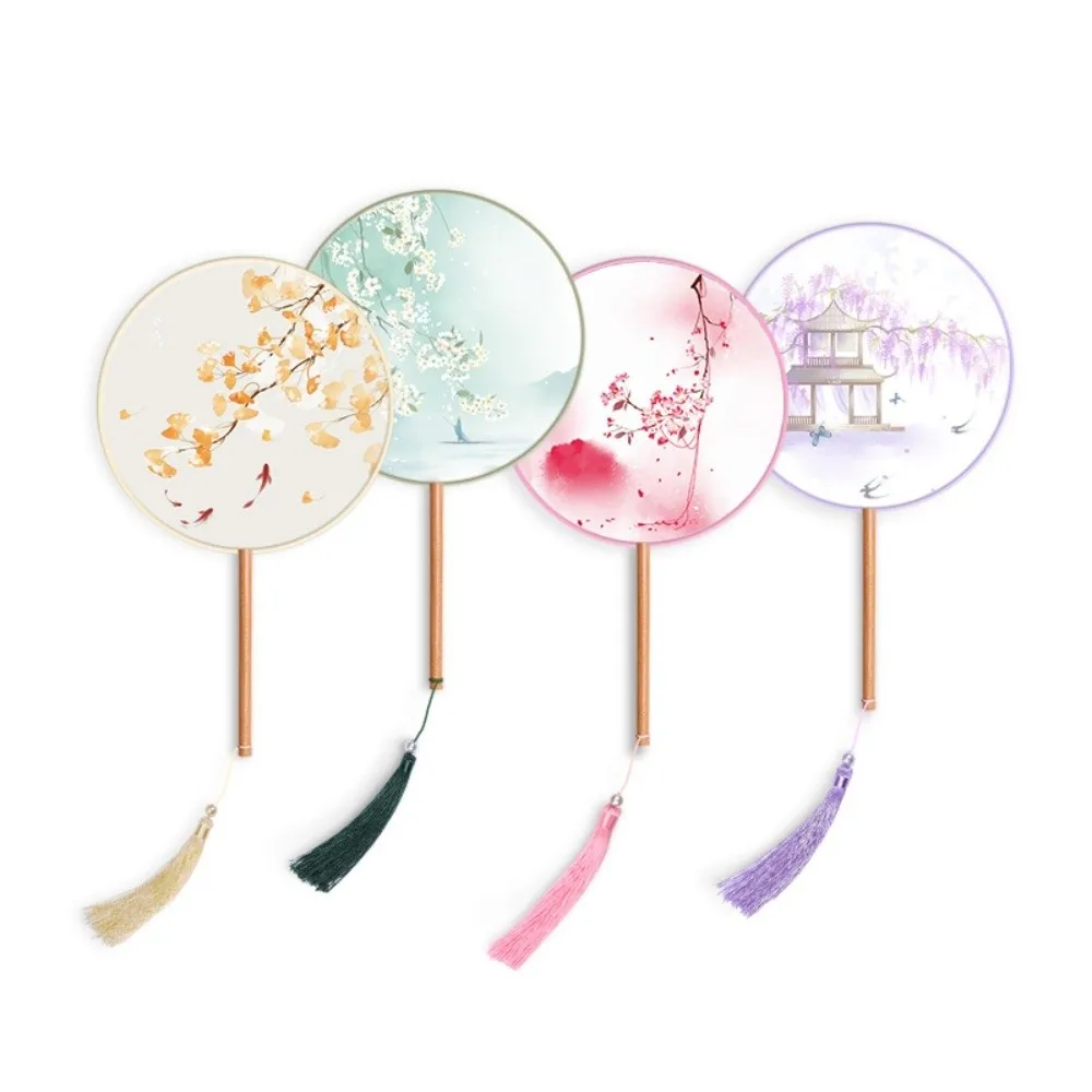 Silk Material Chinese Round Hand Fan Embroidery Design Long Handle Ancient Tassel Dance Fan Round Shape Ink Painting