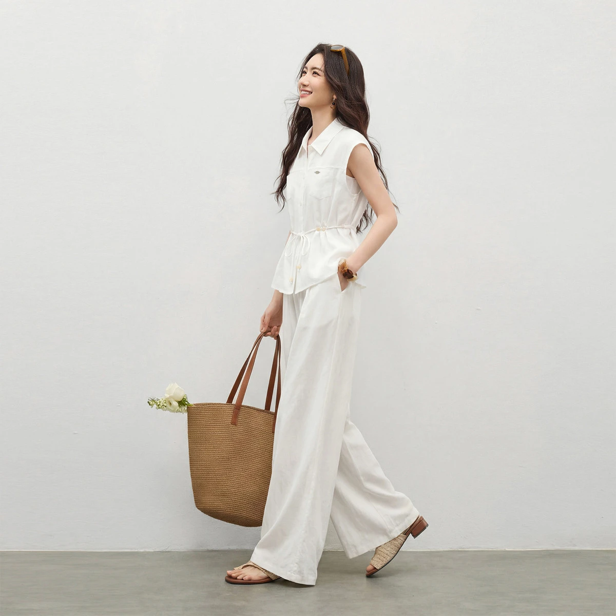SENTUBILA 2026 Summer Linen Pant Sets Office Wear Outfits Beaded Tie Sleeveless Top Baggy Pants Two Piece Matching Set 162ZA6843
