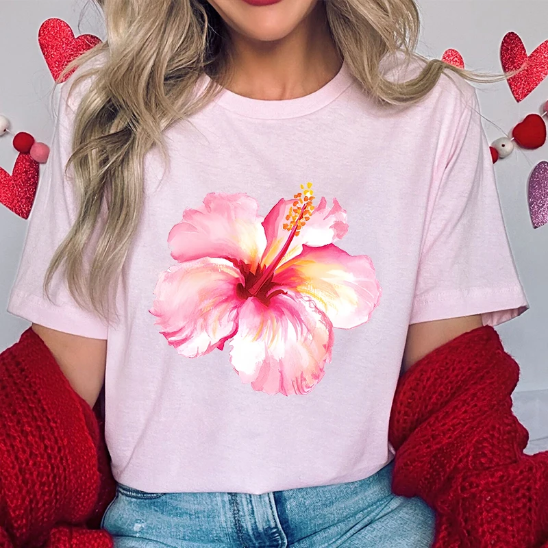 Women's Summer Clothing Y2K Pink Hibiscus Flower Design T-shirts  Summer Fsahion Women T-shirts Short Sleeve Pink Casual Tops