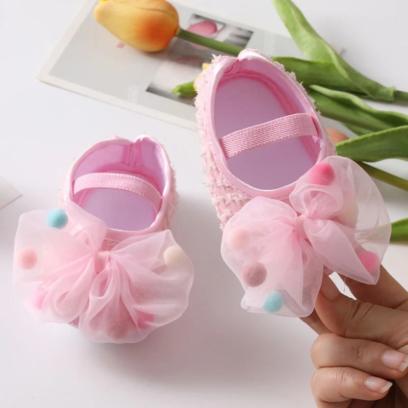 Infant Baby Girl Shoes Newborn Cute Bow Flowers Headband Anti-Slip Soft Sole First Walkers Toddler Cotton Baptism Shoes