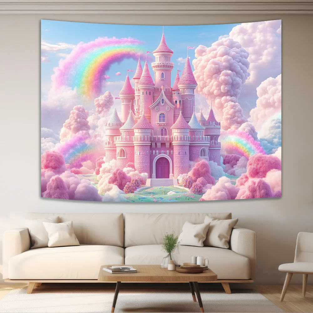 VIKAMA Dream Castle Regenbogen Wandteppich Kinderzimmer Dekor Prinzessin Schlafzimmer Wohnzimmer Feature Wand
