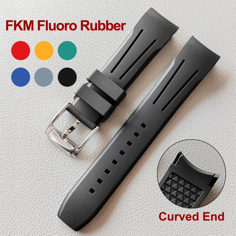 Premium FKM Fluroro Rubber Watch Band 20mm 22mm Curved End Silicone Strap Sport Waterproof Watchband Bracelet Wristbelt