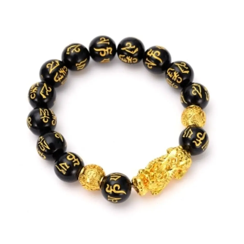 Feng Shui Gelang Manik-manik Batu Obsidian Gelang Pria Wanita Uniseks Gelang Emas Hitam Pixiu Kekayaan dan Keberuntungan Wanita Gelang