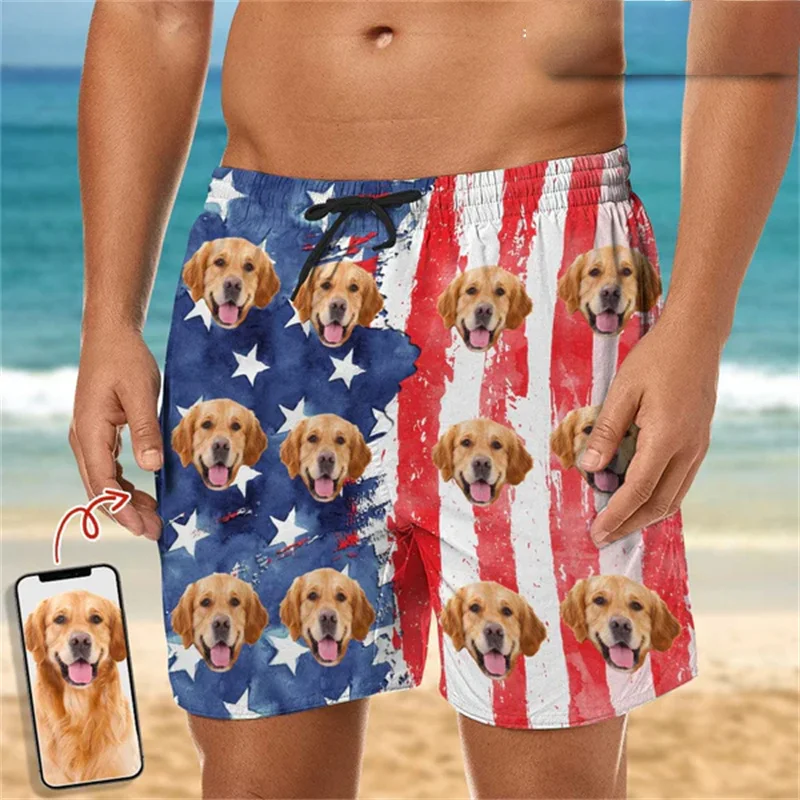 Harajuku 3D America Flag Printed Beach Shorts For Men Funny Custom Face Graphic Swimming Trunks Women Fashion Board Shorts Pants