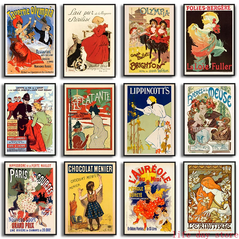 Vintage French Art Nouveau Bohemian Poster Female Living Dance Drink Canvas Painting Print  Wall Art Pictures Room Home Decor