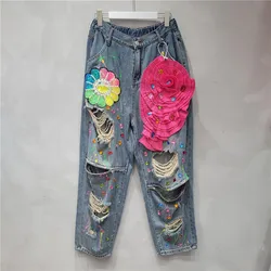 European Street Heavy Industry Ripped Beaded Jeans Three-Dimensional Flower Elastic High Waist Slimming Blue Denim Trouser Pants