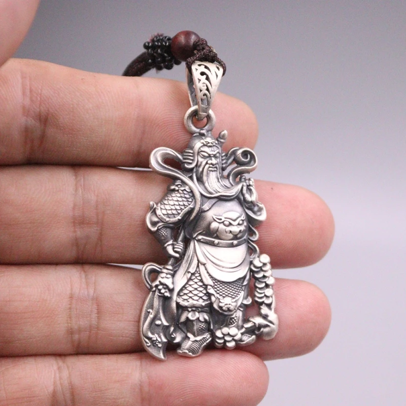 

Real Pure 999 Fine Silver Men Women Gift Lucky Carved Characters Guan Yu Pendant