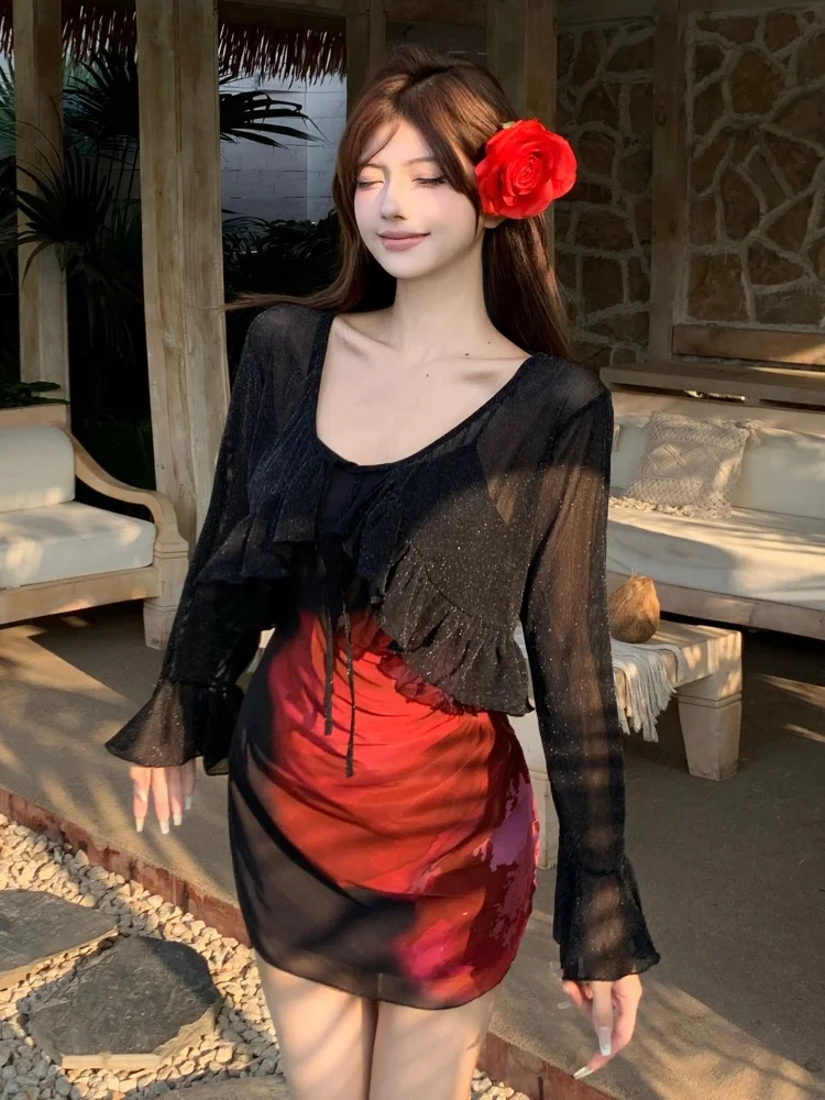 One Piece Swimsuit Women 2026 New Black Gradient Sling Conjoined Dress Swimwear Summer Mesh Beach Cover Up Bathing Suit Female