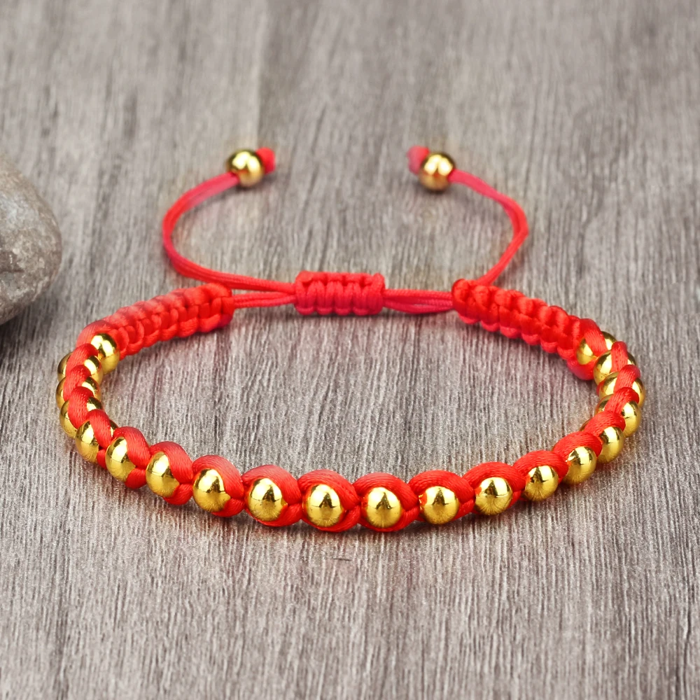 Lucky Red Rope Braided Bracelets Gold Silver Color 5mm Copper Beads Bangles Unisex Handmade Adjustable Wristbands Vintage Gifts