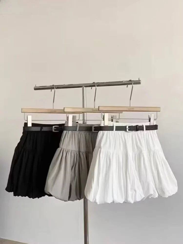 Vintage Solid Color Belt Women Skirt 2026 Faldas Mujer Fashion Sweet Korean Jume High Waist Summer A-line Pleated Mini Skirts