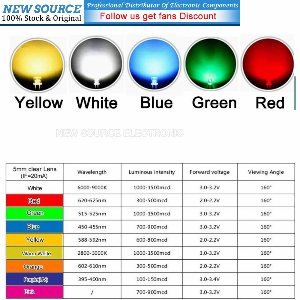 (100pcs) LED Diodes White Green Red Blue Yellow F3mm F5mm F3 F5 DIY Light Emitting Diode DIP