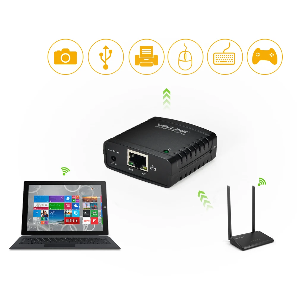 Wavlink USB 2.0 LRP Print Server Share a LAN Ethernet Networking Printers Power Adapter USB HUB 100Mbps Network Print Server US - Image 3