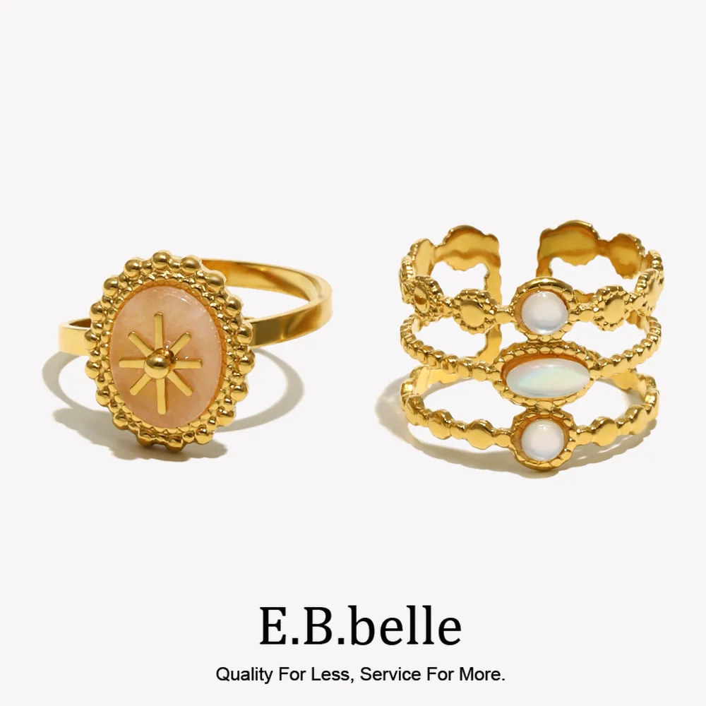 E.B.belle Octagonal Natural Stone Oval Open Ring Three-layer Beaded Ring Cute Statement Stainless Steel Jewelry Decoration