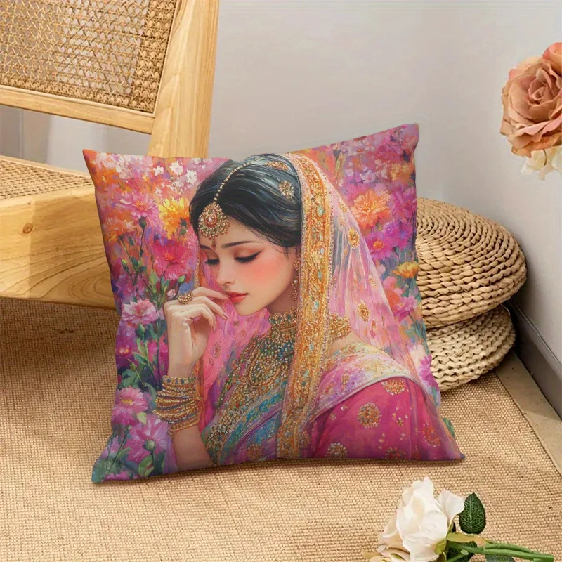 1pc Bohemian Indian Bride Pillow Cover, Polyester 2D Double-Sided Print, Colorful Floral Sari Bride Design, Exotic Aesthetic Acc