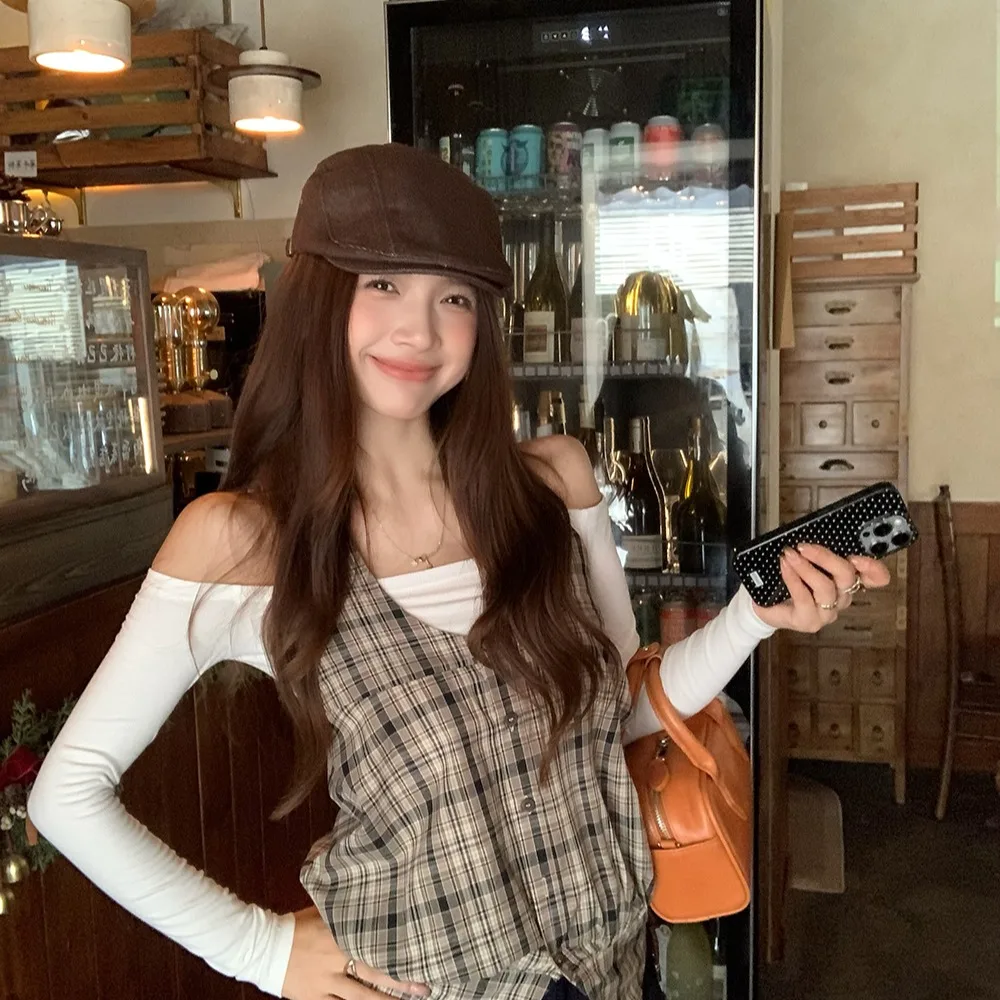 Atasan Retro Plaid Svel Ne dengan Tali Selempang Satu Bahu Bordir, Set Rompi Dasar Pelangsing Musim Gugur 2025 Faion Wanita...