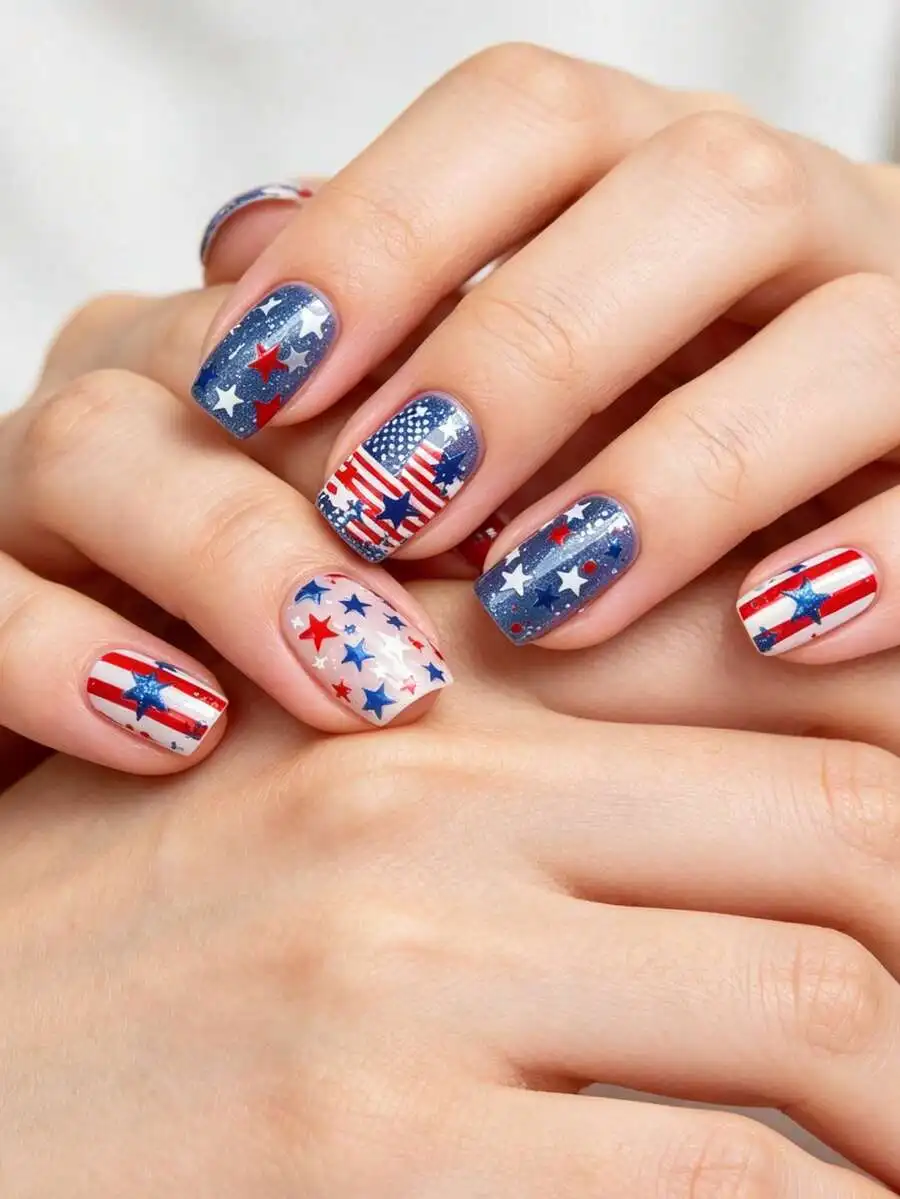 24pcs Short Square Nail Stickers Patriotic Stars And Stripes Design Full Cover Artificial Nails With Nail Tape