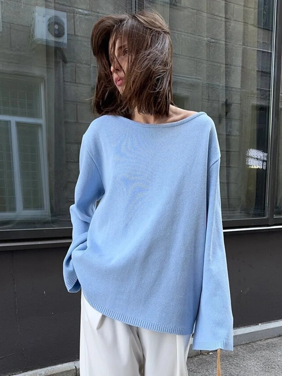 

Women's Backless Knit Sweater, Long Sleeve Loose Fit Open Back Knitted Pullover, Casual Streetwear