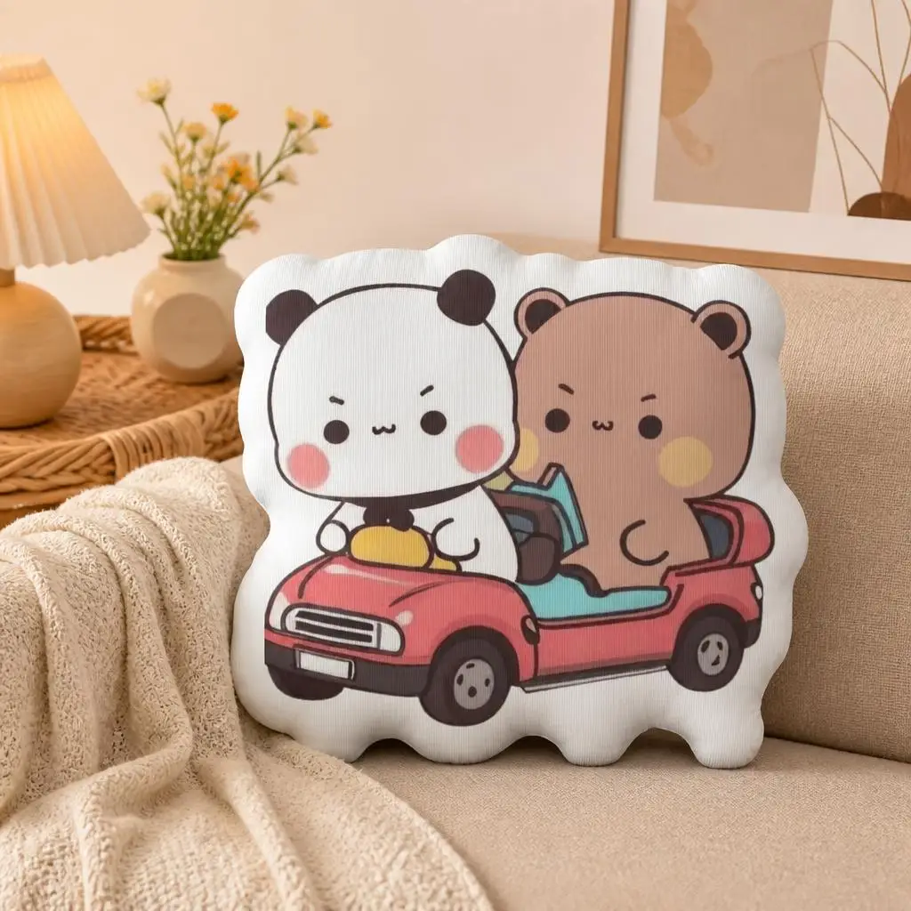 Cute Panda and Bear Car Ride Irregular Shaped Pillow Cartoon Animal Cushion Stuffed Throw Pillow Sofa Home Decor Accent Gift