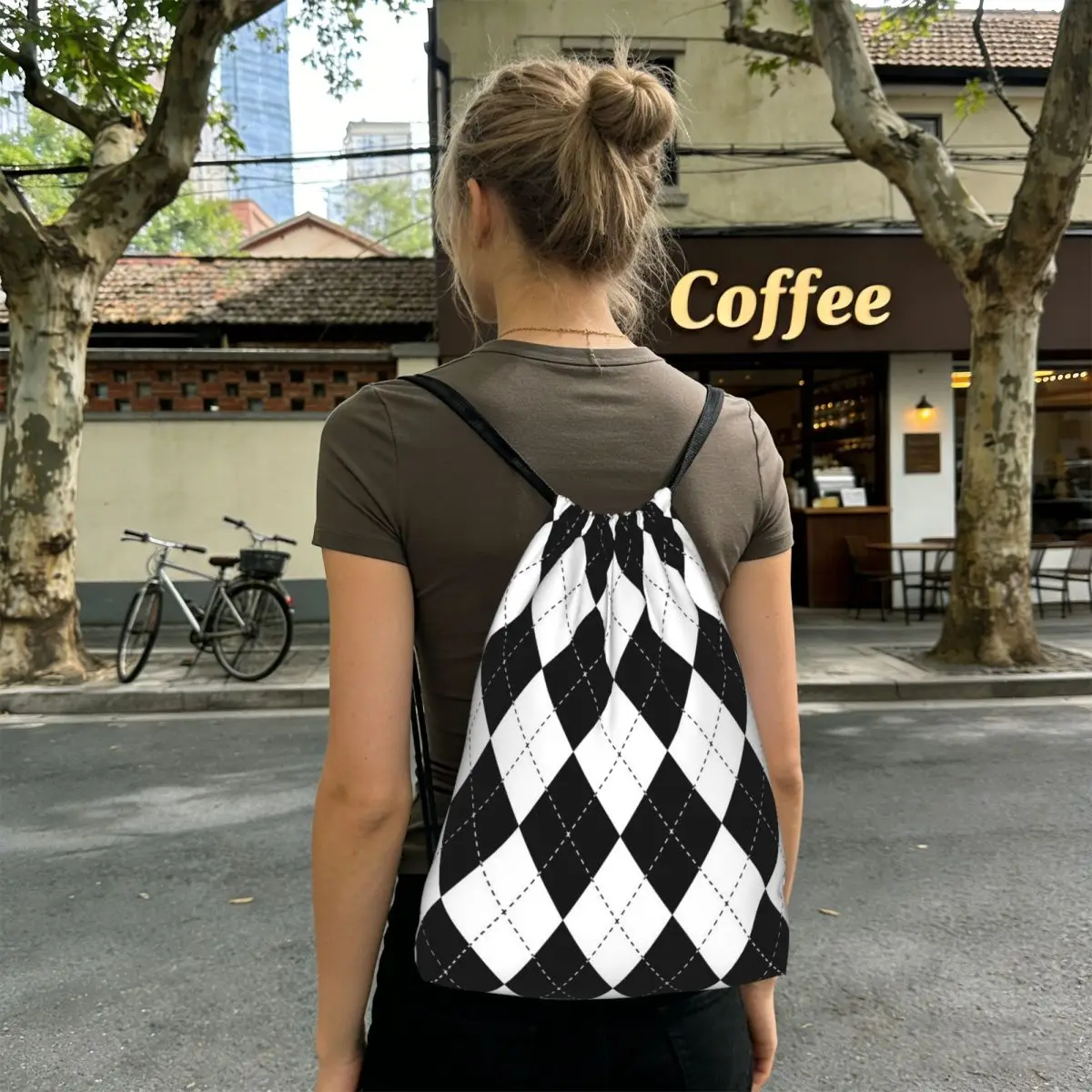 Diamond Shaped Geometric Pattern Backpacks Fashion Drawstring Bundle Pocket Storage Bag Book Bags for Travel School