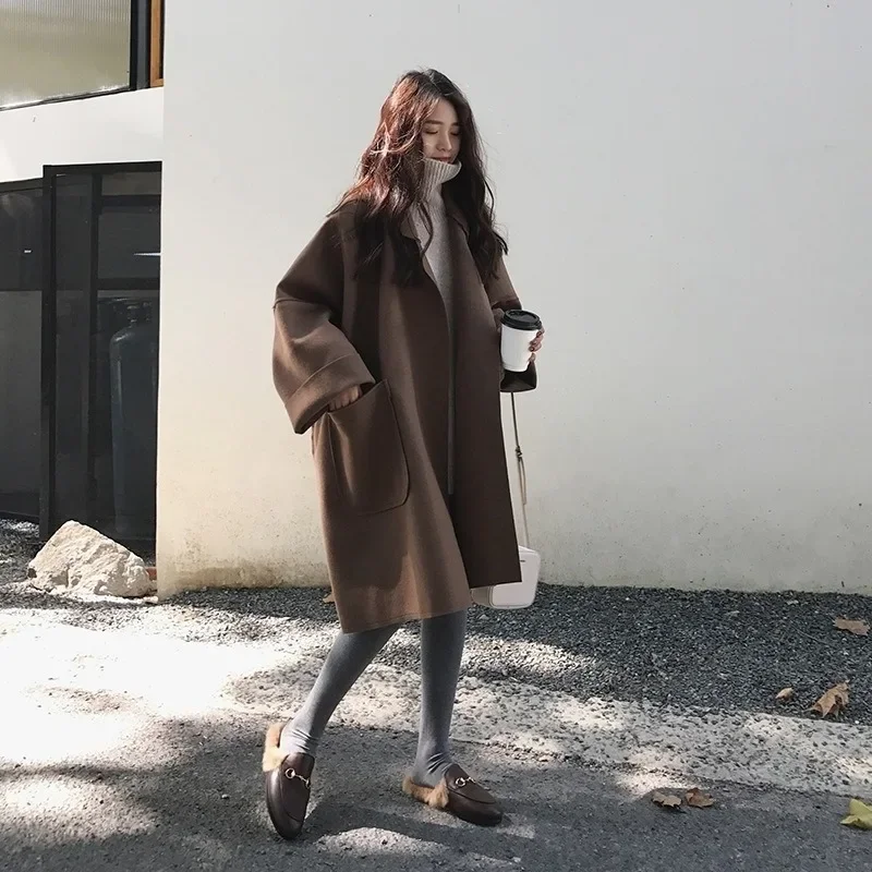 

Women New Solid Colors Blend Coats Office Lady Mid-Length Cloak Commute Outwears Elegant Loose Casual Thin Coats Big Pockets