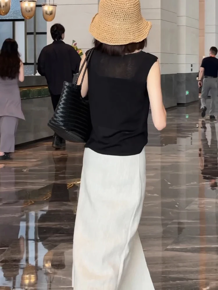 กระโปรงทรงเอเอวสูงความยาวปานกลางสำหรับผู้หญิง สไตล์ลำลองช่วงฤดูร้อน ช่วยให้ดูผอมเพรียว ดีไซน์ผูกเชือก ผ้าลินิน ผ่าข้าง เหมาะสำหรับใส่ทำงาน