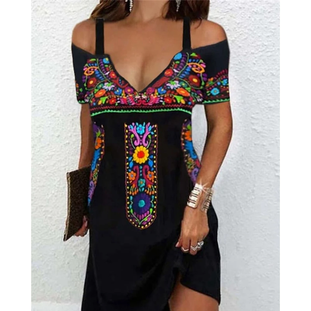 

Women Fashion Floral Print V Neck Spaghetti Strap Summer Midi Dress Femme Sexy Cold Shoulder Tribal Vestidos Elegant Outfits