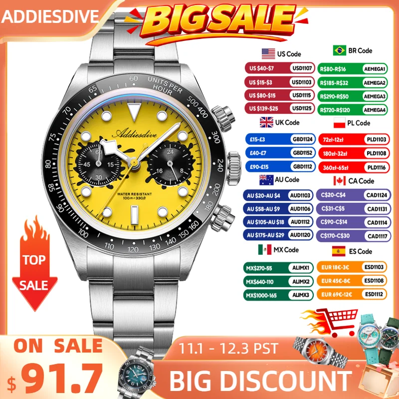 ADDIESDIVE Men Watches New VK64 Quartz Wristwatch Luxury Chronograph Luminous BGW9 Ceramic Bezel Domed Glass 100m Waterproof