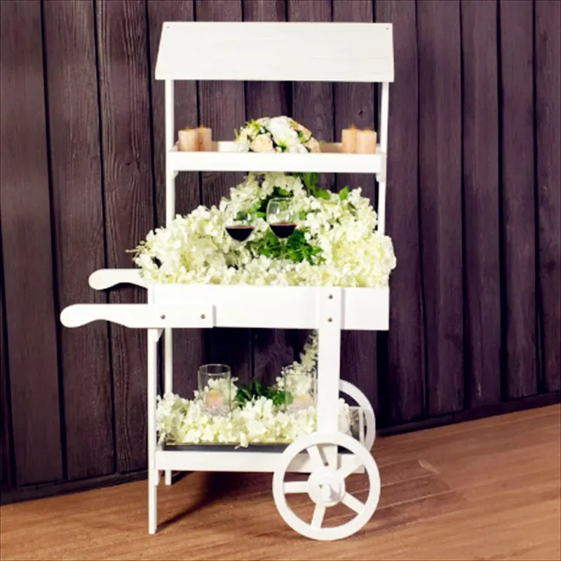 Country Market Flower Cart Display Stand with Wheels 2 Shelves Fir Wood, Creative Decorative Ornaments,White