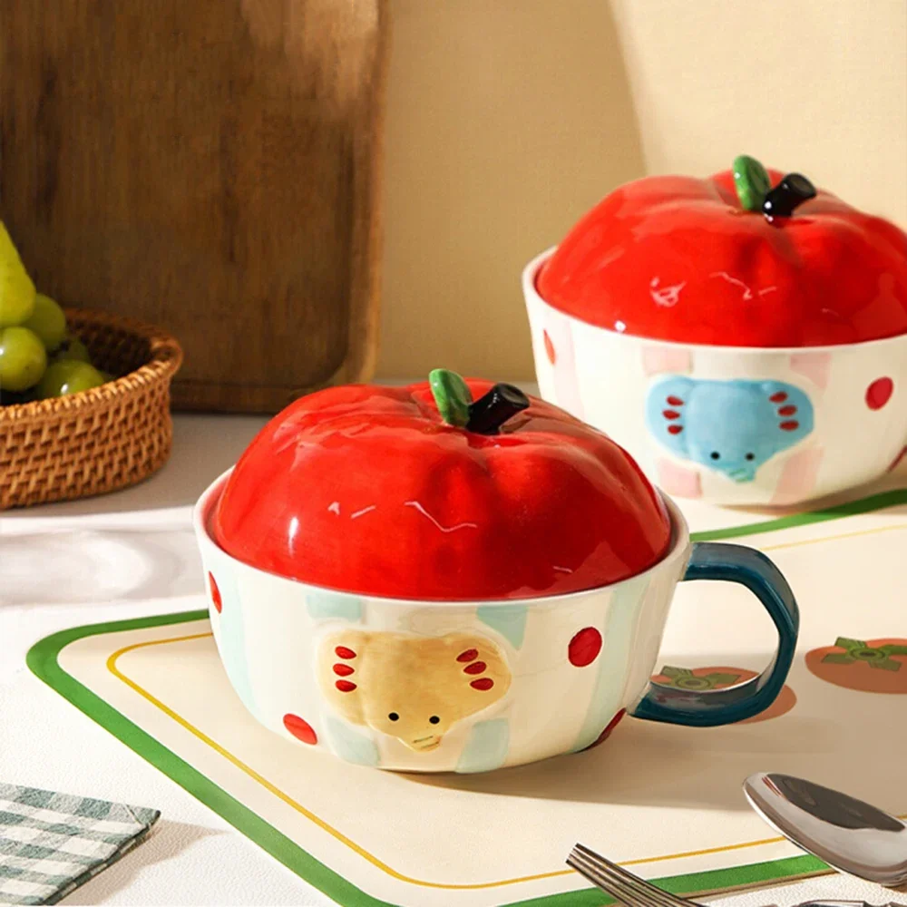 Creative Cartoon Noodle Bowls Durable Ceramic Underglaze Deep Soup Bowl With Lid Household Kitchen Ramen Serving Dinnerware view 5