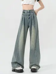 Jeans retrô de pernas largas para mulheres, cintura alta, solta e fina, drapeada, calça reta, roupa de limpeza, nova tendência, outono, 2024