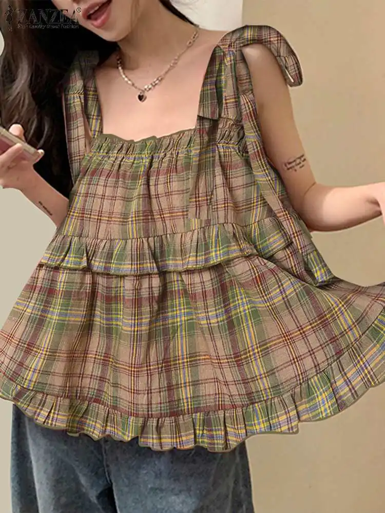 

ZANZEA 2024 Summer Spaghetti Strap Camis Women Plaid Printed Tanks Holiday Ruffle Pleated Sweety Vests Casual Bandage Tank Tops