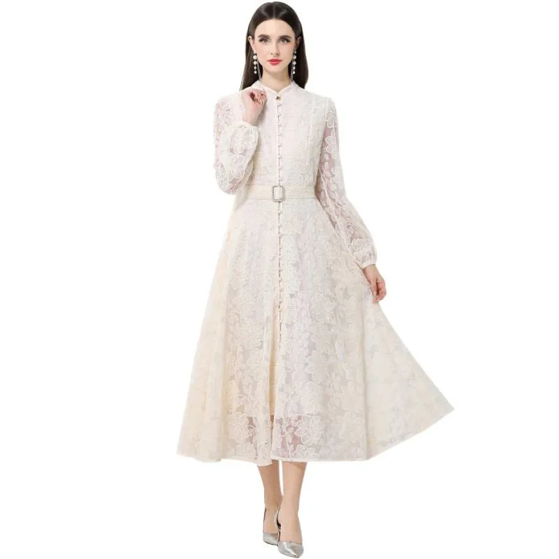 Ele High Waist Lace Dr with Lantern Sves And Stand Collar for Women Thiened Long Skirt for Daily Wear