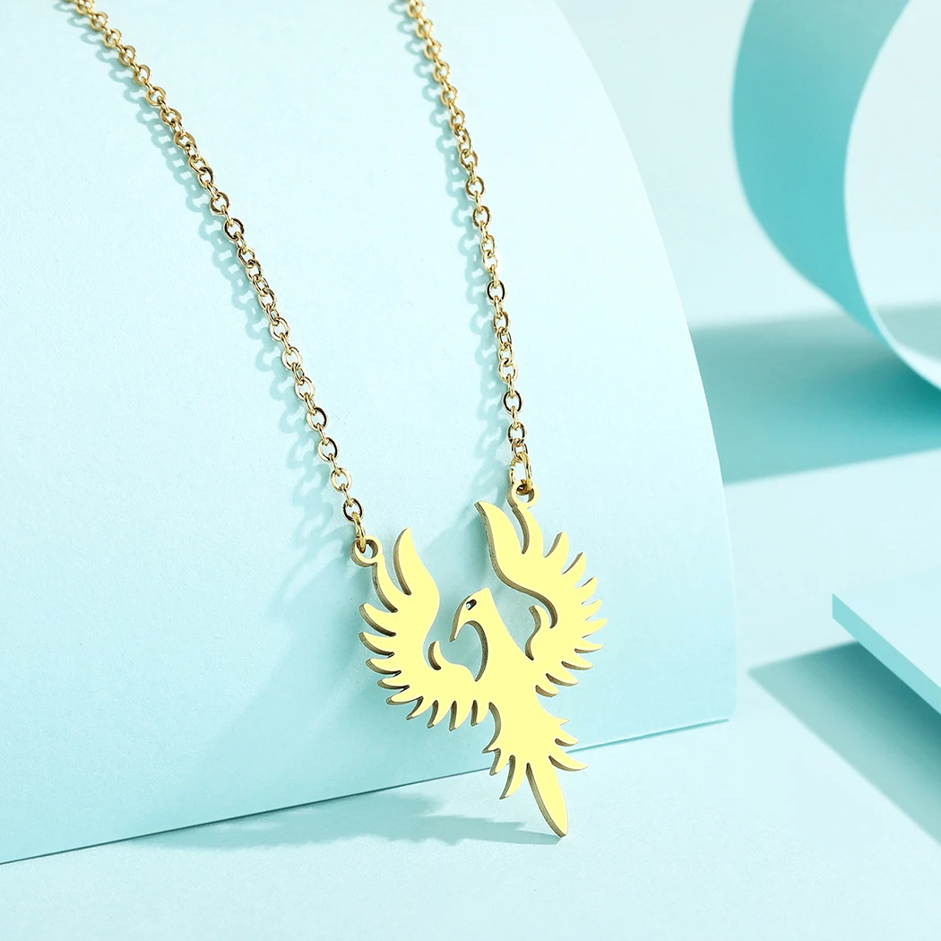 Kinitial Stainless Steel Phoenix Rising Necklace Women Animal Pendant Necklace Phoenix Charm Bird Necklace