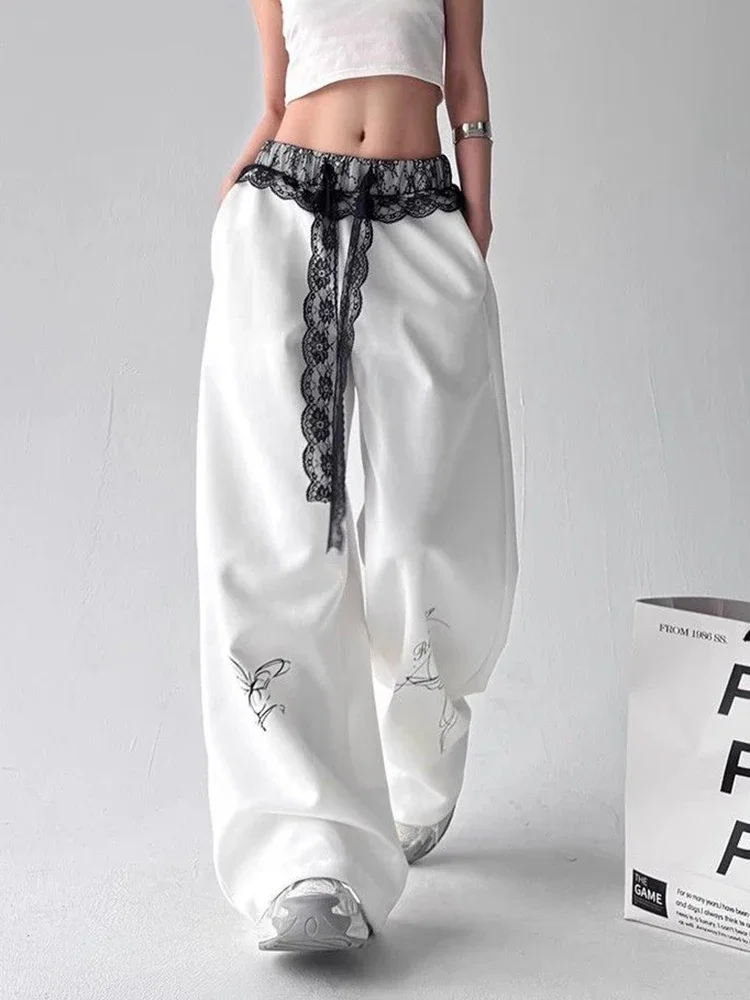 Vintage Bufferfly Y2K Sweatpants Women Loose High Waist Lace Patchwork Pants Streetwear Casual Bf Harajuku Trousers y2k pants