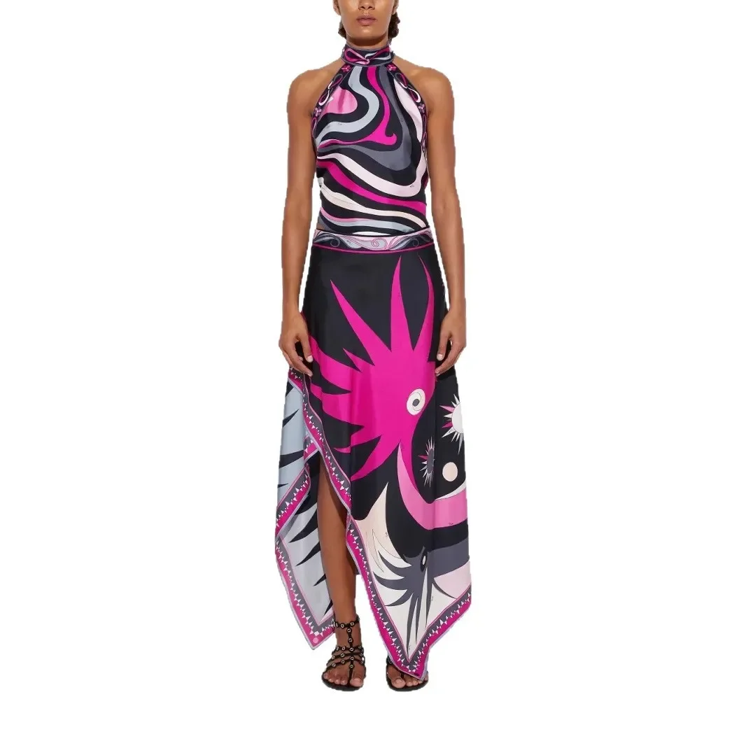 2025 جديد طباعة الساتان معلقة الرقبة الرسن تنورة غير النظامية مجموعتين قطعتين مجموعات ملابس نسائية تنورة مجموعات تنورة