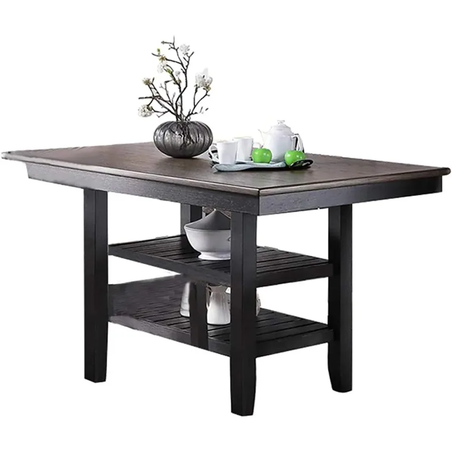 Counter Height Dining Table Dark Coffee Finish Kitchen Breakfast Dining Room Furniture Rubber Wood 2 Storage Shelves