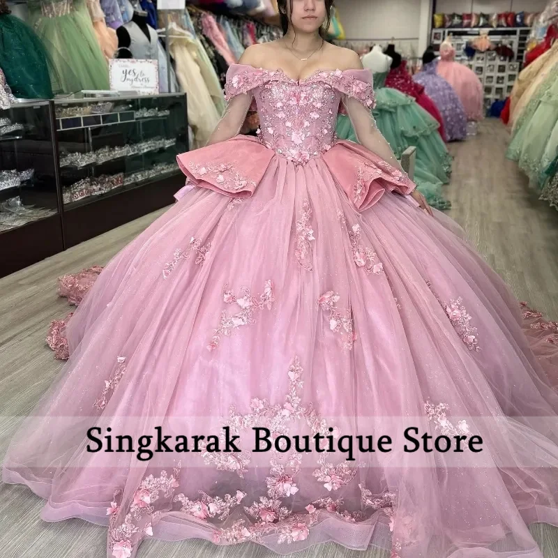 Pink Princess Quinceanera Dresses Court Train Applique Crystal Flowers Beads Vestidos De Quinceañera Sweet 15 Prom Ball Gown