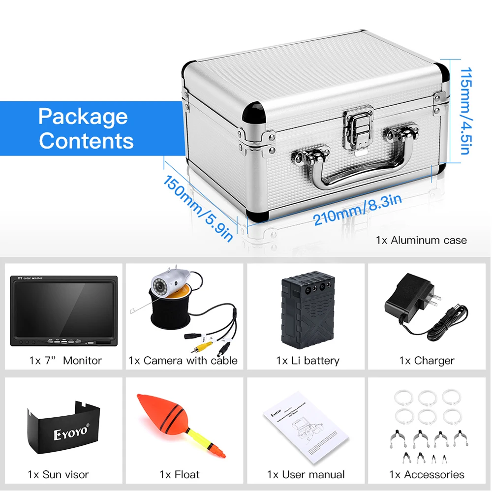 Imagem -06 - Eyoyo Ef07 Peixe Finder Kit Monitor de Cor Subaquática 12 Peças ir Câmera de Pesca 15m 30m 50 Cabo Alumínio Transportar Case à Prova Impermeável Água