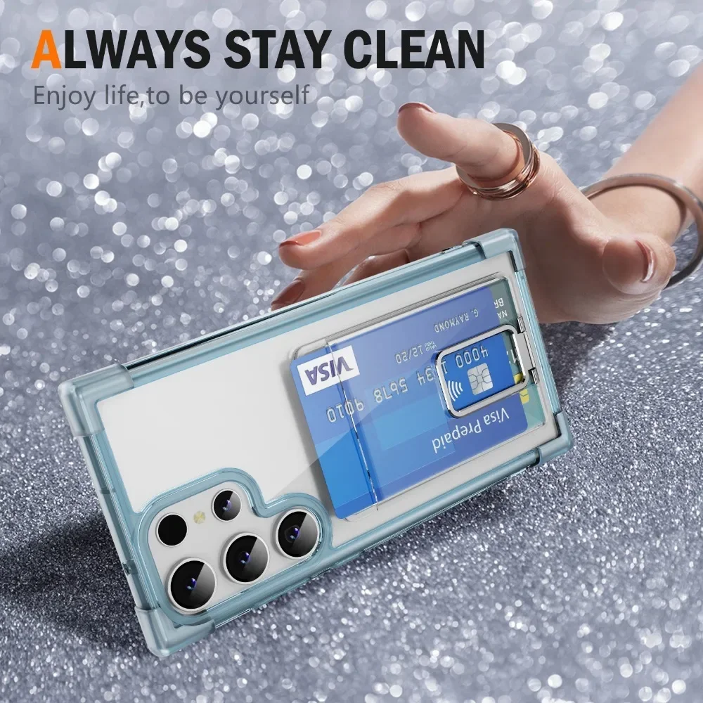 Clear Cover with Card Slot Holder for Samsung Galaxy S23 S22 S21 Plus + S25 Ultra Kicstand Transparent Protective Phone Case