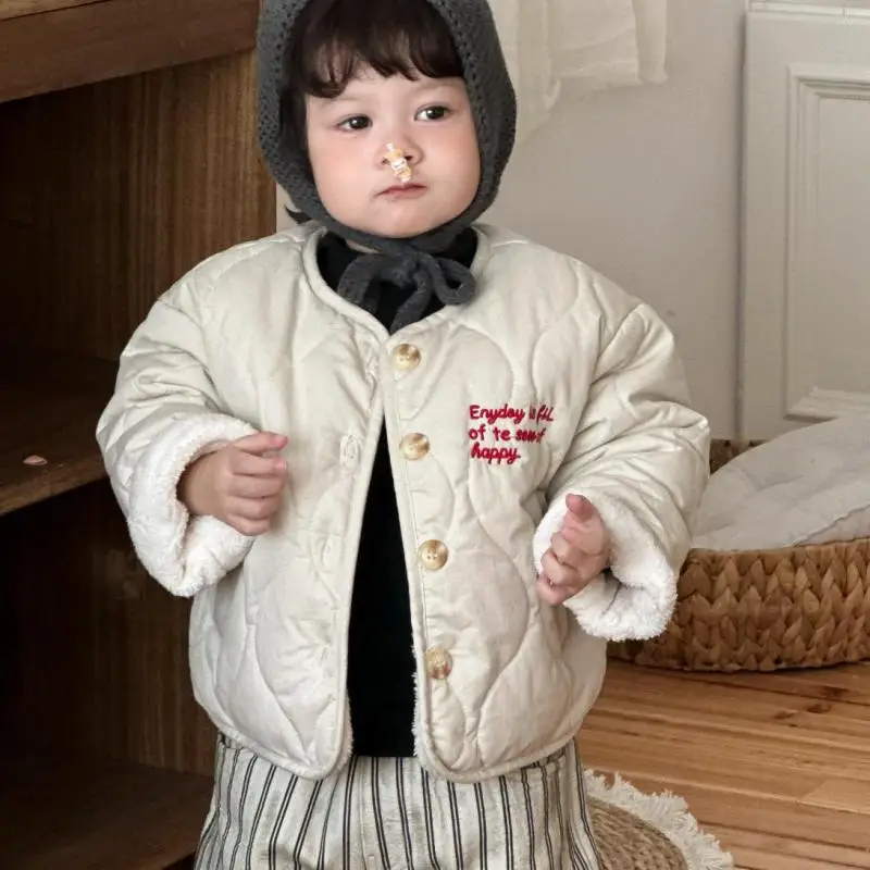 

2025 Winter New Children Letter Embroidery Cotton Padded Jacket For Boys Girls Plus Velvet Thick Coat Kids Baby Warm Clothes