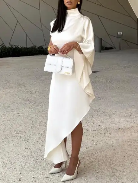 

Women's Dress Summer New Solid Color Fashionable Elegant Design High Neck Single Shoulder Design Asymmetrical Banquet Dress