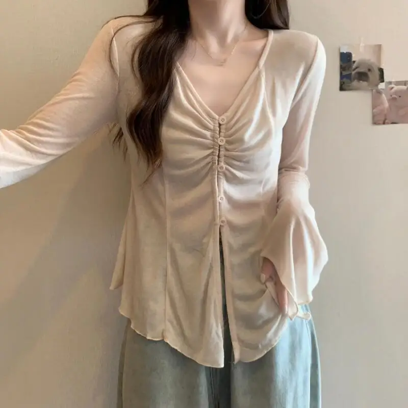 

Универсальный вязаный кардиган из ледяного шелка с солнцезащитным кремом, женский летний кардиган Pure Desire, тонкий топ с v-образным вырезом и длинными рукавами, новый стиль