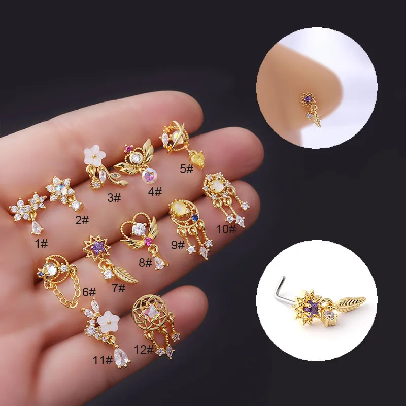 1PC Piercing Nose Rings Crystal Screw Nose Studs CZ Zircon Gold L Bend Flower Heart Butterfly Stainless Steel Nose Body Jewelry